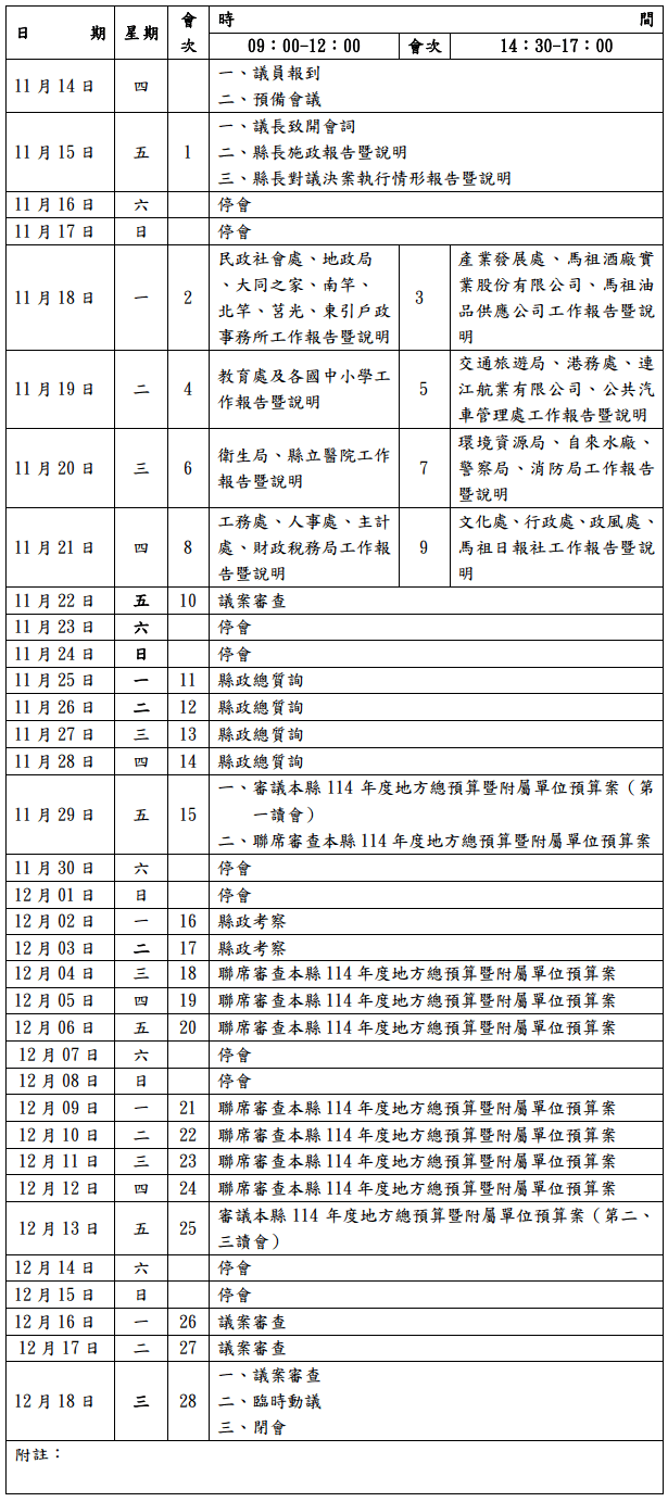 連江縣議會第8屆第4次定期大會延會議事日程表